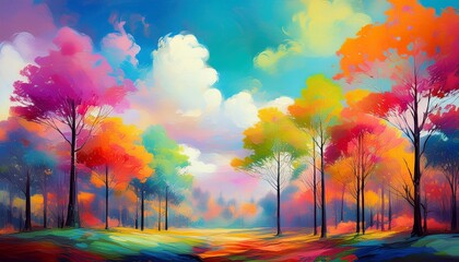 A colorful abstract painting depicts a forest landscape with trees of various colors and white clouds in the sky