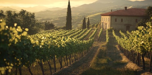 Wall Mural - In the background are rows of vines, beautiful Italian vineyards, and a green landscape.