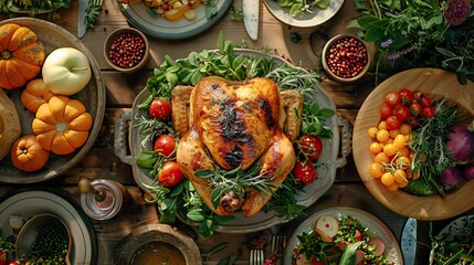 Farm-to-table dinner setting with a beautifully roasted organic chicken surrounded by seasonal vegetables and herbs, served on a rustic wooden table