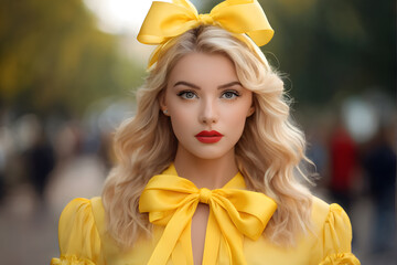 Wall Mural - A blonde woman wearing a yellow dress and a yellow bow tie