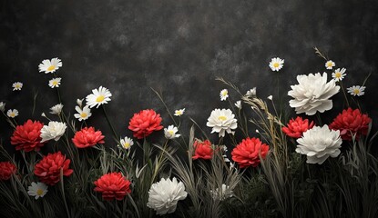 Wall Mural - Photorealistic close-up of blooming flowerbeds of amazing black flowers on a dark gothic floral texture background.