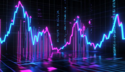 Poster - A financial graph with blue and pink neon colors, a financial meltdown, a stock market chart. Trading concept, technology concept.
