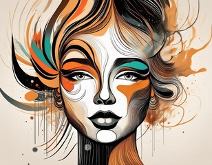 Wall Mural - A digital illustration of a woman's face outlined in black and filled with color, abstract shapes, and brushstrokes. The background is white