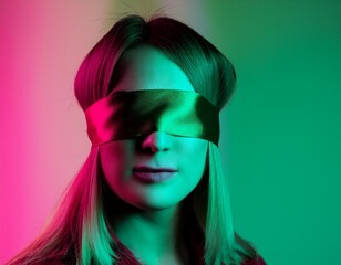 Wall Mural - A close-up abstract portrait of a blindfolded person with a green and pink background