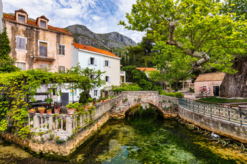 Wall Mural - Idyllic village of Mlini in Dubrovnik archipelago view, south Dalmatia region of Croatia. Adriatic village of Mlini waterfront aerial view, Dubrovnik coastline of Croatia.