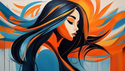 Colorful abstract painting of a woman with long black hair, head bowed, set against bold strokes of orange, blue, and black. Dynamic composition