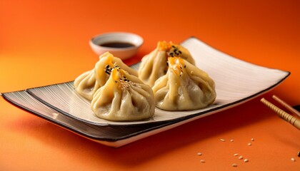 Wall Mural - A lively display featuring steamed Asian dumplings topped with zesty sauce and sesame seeds presented on porcelain plates against a warm orange backdrop.