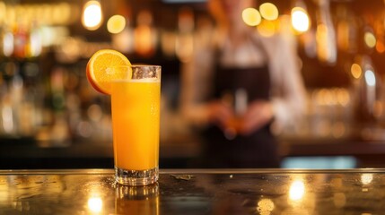 A glass of juice and fresh orange fruit closeup view on table in a restaurant bar