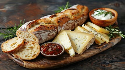 Freshly baked artisanal bread loaves with a crispy crust, served with a variety of gourmet cheeses and spreads on a rustic wooden board