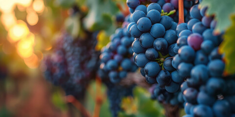 Wall Mural - Detailed close-up of ripe, blue grapes hanging from the vine with a warm, blurred background.