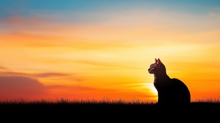 Wall Mural - Elegant cat silhouette set against a dramatic sunset with bold colors, capturing the essence of evening tranquility, cat silhouette, dramatic sunset 