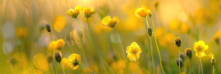 Sticker - Buttercups in the golden evening light with a blurred background