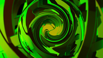 Poster - 3D glass sphere. Abstract green glowing reflective mirror spiral background. Green sphere for sports backdrop. 3D Rendering.