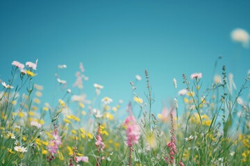 Nature scene with long grass, wildflowers and clear blue sky