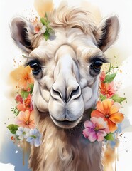 Sticker - Camel with flowers in watercolor on a white background 