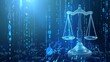 © Gomez - Digital illustration of scales of justice with binary code background, symbolizing cyber justice and technology