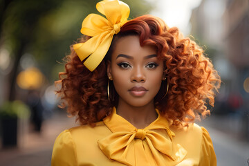 Wall Mural - A woman with curly hair and a yellow bow in her hair