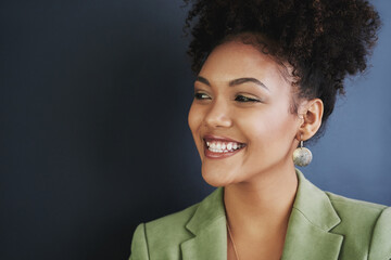 Wall Mural - Business, woman and happy with thinking in studio for professional job, company and vision. Pensive, person and entrepreneur by mockup space for startup idea, confidence or wonder on black background