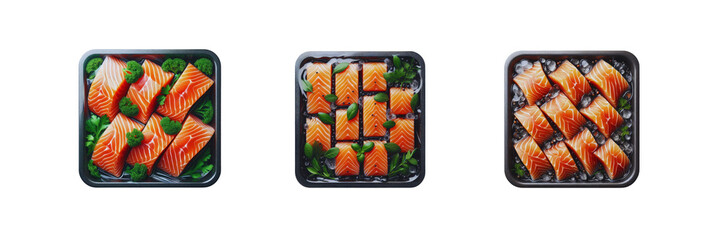 Wall Mural - Set of pack of pieces of salmon fish in transparent Packaging, isolated over on transparent white background