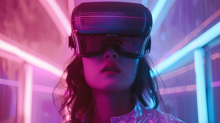 Poster - Woman wearing VR headset in neon lights