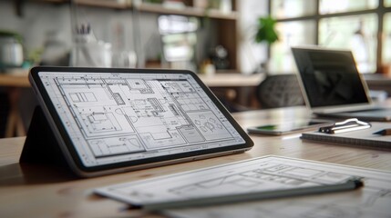 Poster - tablet displaying architectural plan on office desk