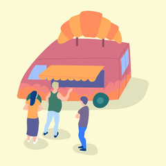 Poster - Cartoon Color Characters People and Bakery Street Food Caravan Trailer Concept Flat Design Style. Vector illustration