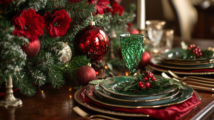 Photography of a close-up of a festive Christmas table setting with a red and green theme 