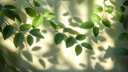 Wall Mural - Shadows of leaves on the wall, sunlight from the side casts shadows on the leaves on a white wall background.