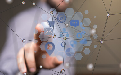 Poster -  hand touching map point, network connection, international meaning, copy spac