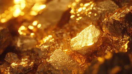 Close-up shot of gold nuggets, focusing on their metallic sheen and natural formations