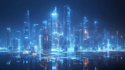 Wall Mural - Futuristic Cityscape with Glowing Blue Lines