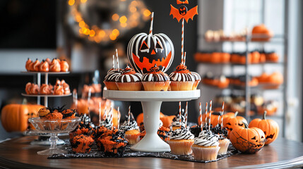 a table set with an array of halloween-themed treats, including candy apples, cupcakes, and cookies