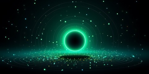 Wall Mural - Black hole in the center of green glowing dots on dark background vector illustration.