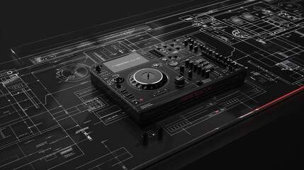 Modern DJ controllers with advanced features displayed on top of digital blueprints, highlighting precision and technology in music production