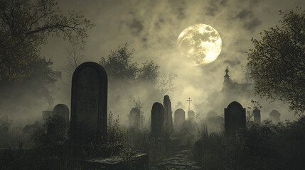 photography of a misty graveyard scene with tombstones, fog, and a full moon in the background for h