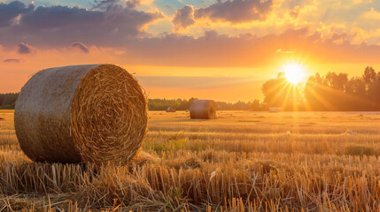 Canvas Print - Hay Bales in Golden Sunset.