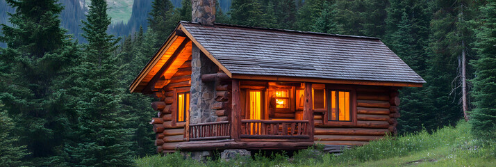 Rustic log cabin nestled in the forest