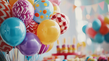 A detailed close-up of a colorful balloon bouquet with various patterns and shades, set against a backdrop of party decorations and a table filled with birthday treats for the birthday celebration 