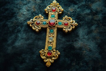 Ornate Gold Cross with Red and Green Gemstones on a Dark Background