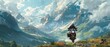 © COK House - Person in black attire on red motorcycle with blue light rides on mountain road. Snowy peaks, river below, cloudy sky in background.