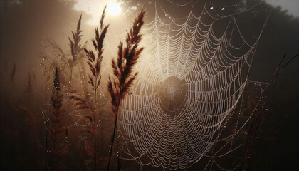 Spider Webs and Silken Strands Become Prominent in Misty Autumn Mornings, Adorned with Water Droplets