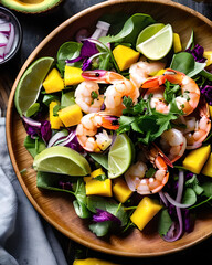 Wall Mural - An exquisite shrimp and mango salad with mixed greens, avocado, red onion, and a chili lime dressing