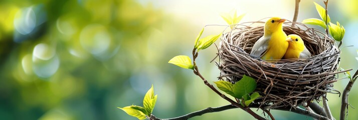 Two yellow birds perched on a nest in a tree with fresh green leaves, illuminated by soft sunlight in a serene nature setting.