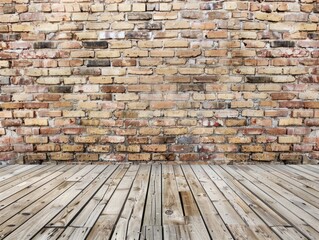 Wall Mural - Brick Wall and Wood Plank Floor in Empty Room Perspective