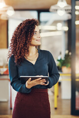 Poster - Tablet, idea and creative business woman in office, research or internet browsing. Thinking, smile or happy female manager with app designer for networking, social media or web scrolling for iot