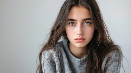 Wall Mural - Portrait of a Young Woman with Long Brown Hair