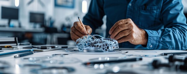 Designer working on a CAD model of a car, automotive design studio Sleek and advanced, detailed and innovative, vehicle design