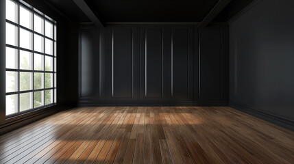 Wall Mural - Empty room with black wall background wooden floor, Living room