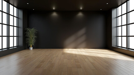 Wall Mural - Empty room with black wall background wooden floor, Living room