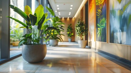 Wall Mural - Bank lobby decorated with plants and artwork.